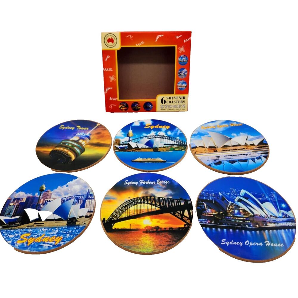 Sydney Australia Souvenir Coasters Set 6 Wood Laminate Opera House Tower Bridge